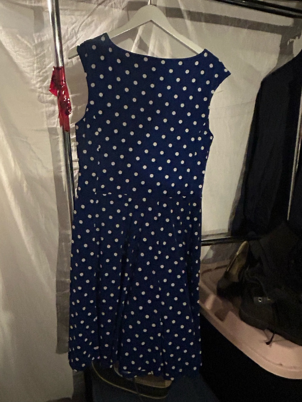 Nina Leonard Navy and White Polka Dot Midi Dress